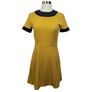 Smak Parlour Mustard Yellow Fit & Flare Dress S Retro Mod Contrast Trim